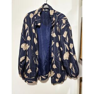 CoAco Navy Floral 100% Silk Jacket Zip Front Vintage Lined Womens 1X